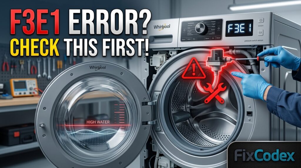 Whirlpool washer displaying the F3E1 error code while a technician inspects the pressure sensor and water level system.