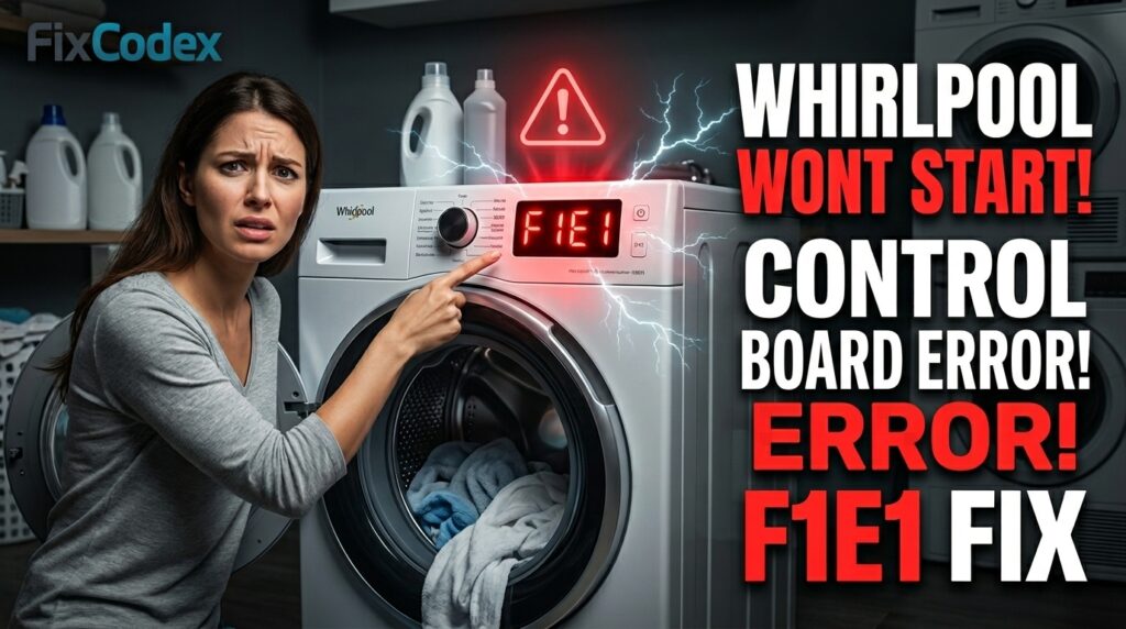 Whirlpool Washer F1E1 Error Code showing main control board error with unresponsive controls and electronic malfunction affecting cycle operation.
