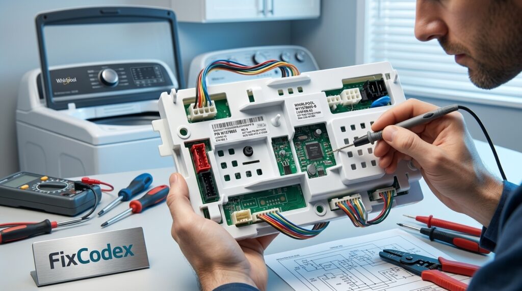Whirlpool washer control board removed from a washing machine for troubleshooting, diagnosis, and replacement.