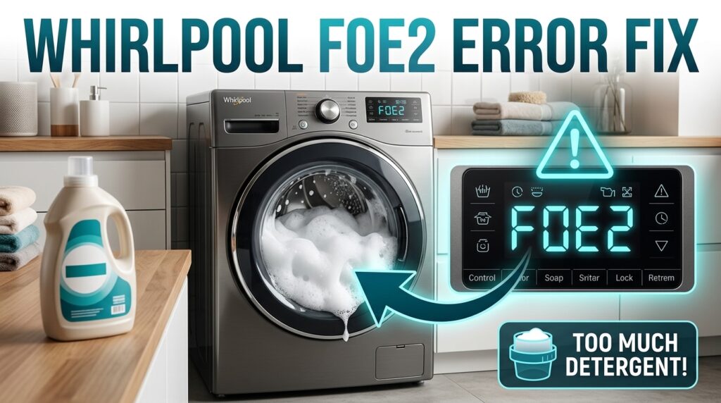 How to fix Whirlpool washer error code F0E2 excessive suds problem