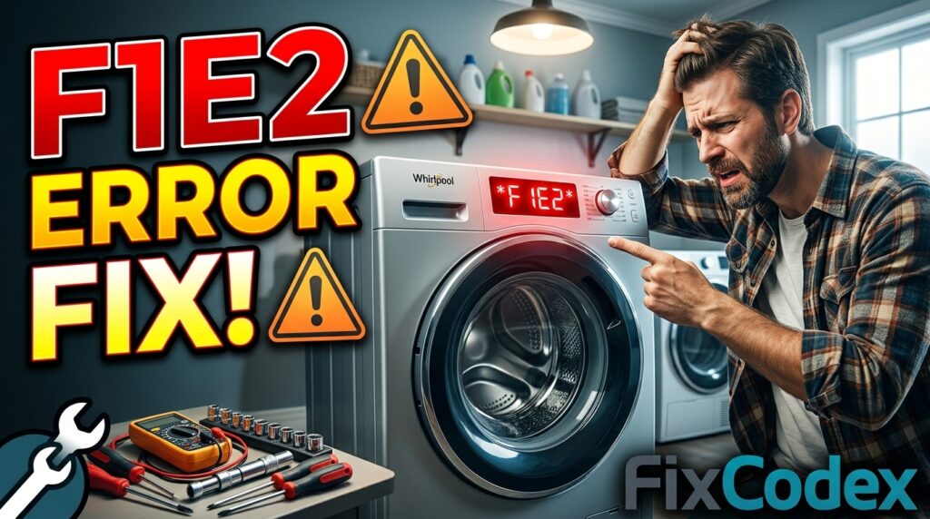 Whirlpool washer displaying F1E2 error code on control panel with troubleshooting and repair concept.