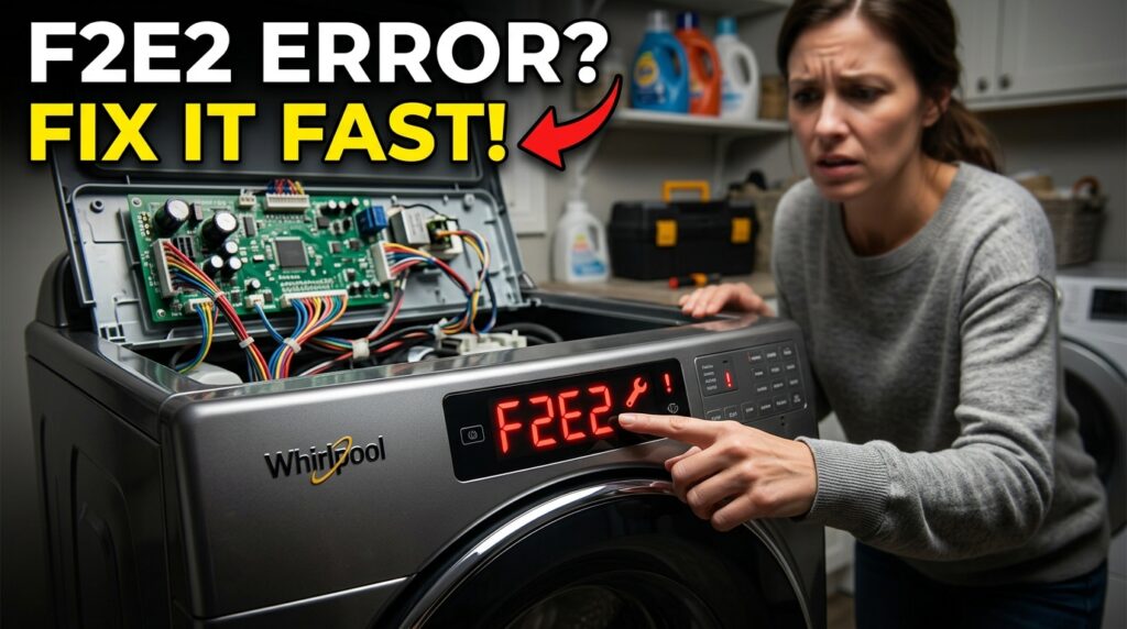 Whirlpool washer displaying F2E2 error code on the control panel during troubleshooting and repair.