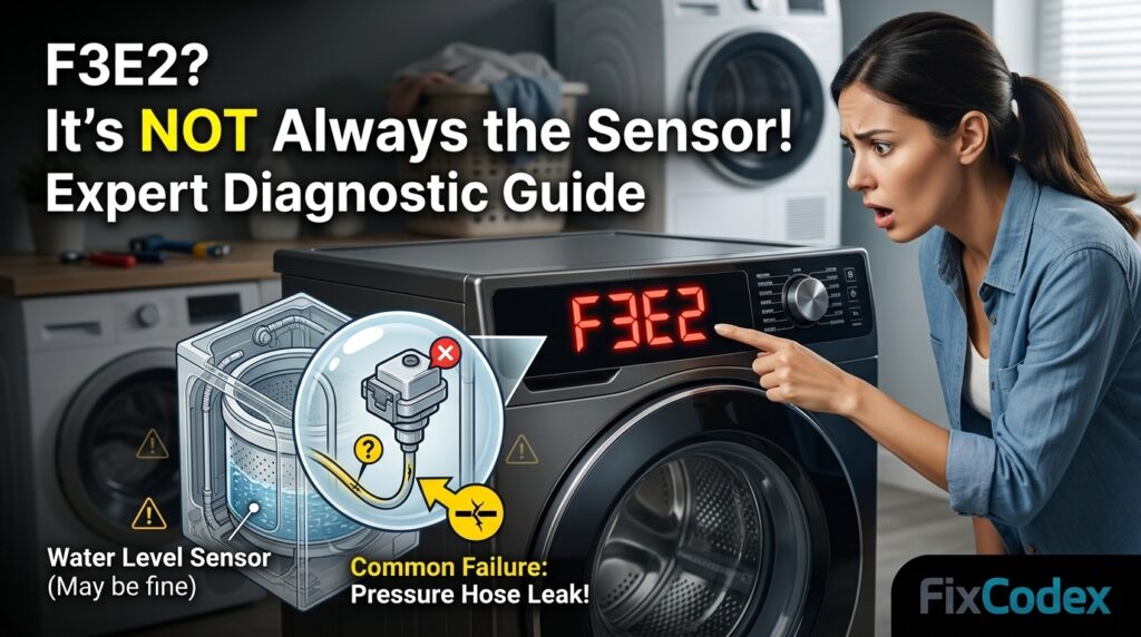 Whirlpool washer displaying F3E2 error code caused by a water level sensor or pressure hose problem.