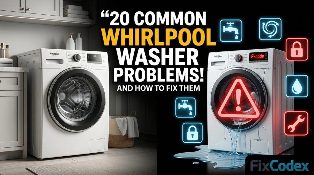 20 common Whirlpool washer problems illustrated with a broken washing machine, error symbols, and repair concept showing troubleshooting and fixes.