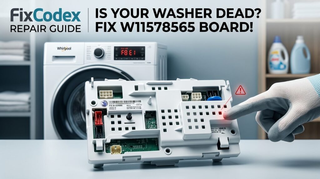 W11578565 Whirlpool washer control board with washing machine showing troubleshooting and replacement guide.
