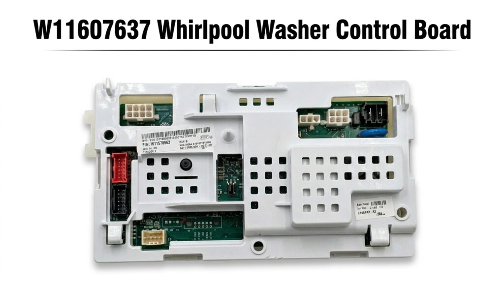 Genuine OEM W11607637 Whirlpool washer control board replacement for select Whirlpool, Maytag, Amana, and Kenmore washing machines.