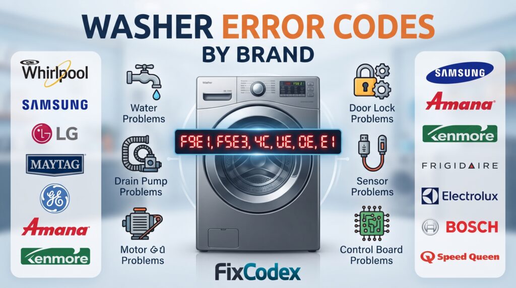 Washer error codes by brand including Whirlpool, Samsung, LG, Maytag, GE, Amana, Kenmore, Frigidaire, Electrolux, Bosch, and Speed Queen