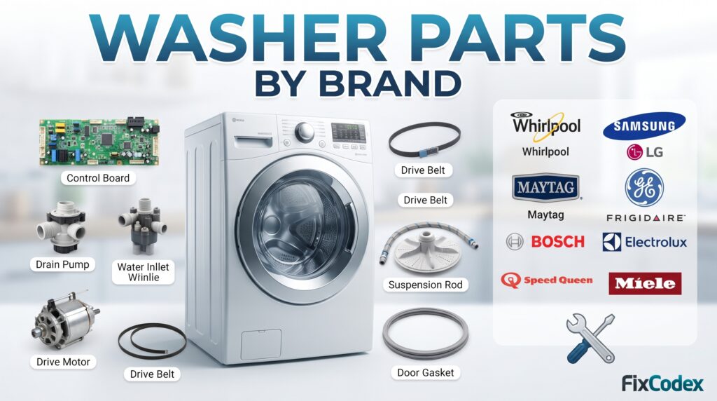 Washer parts by brand including Whirlpool, Samsung, LG, Maytag, GE, and other popular washer brands