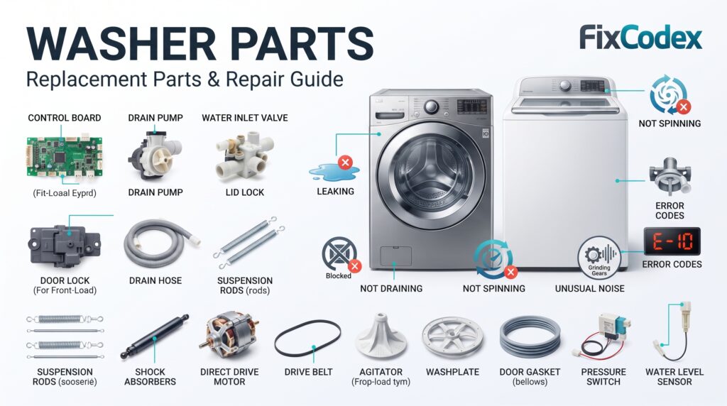 Washer replacement parts including control board, drain pump, inlet valve, motor, belt, and door lock