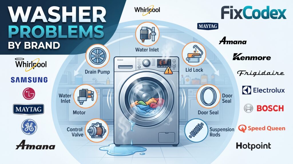 Washer problems by brand including Whirlpool, Samsung, LG, Maytag, GE, Amana, Kenmore, Frigidaire, Electrolux, and Bosch