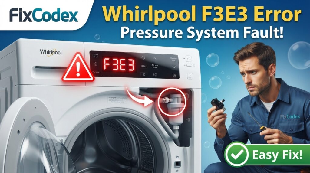 Whirlpool washer displaying F3E3 error code caused by an air trap or pressure system fault.