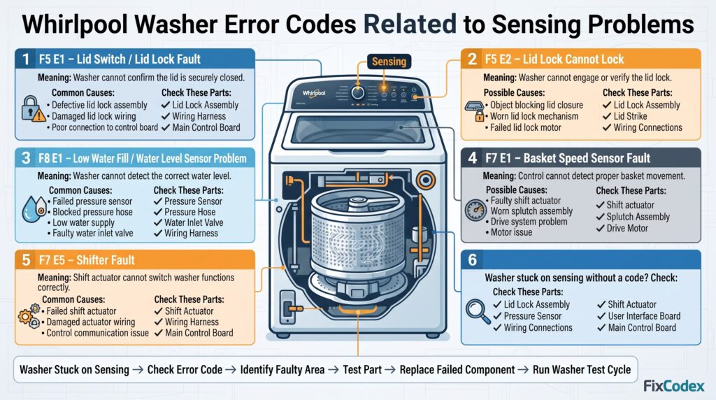 Infographic showing Whirlpool washer error codes related to sensing problems, including F5 E1, F5 E2, F8 E1, F7 E1, and F7 E5 with causes, symptoms, and parts to check.