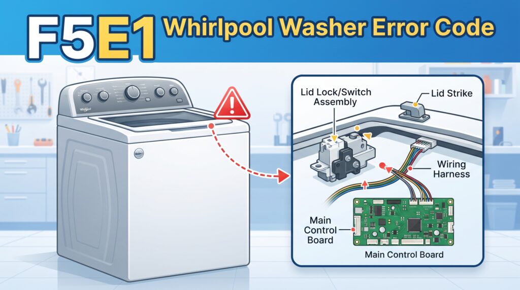 F5E1 Whirlpool washer error code showing a lid lock and switch problem