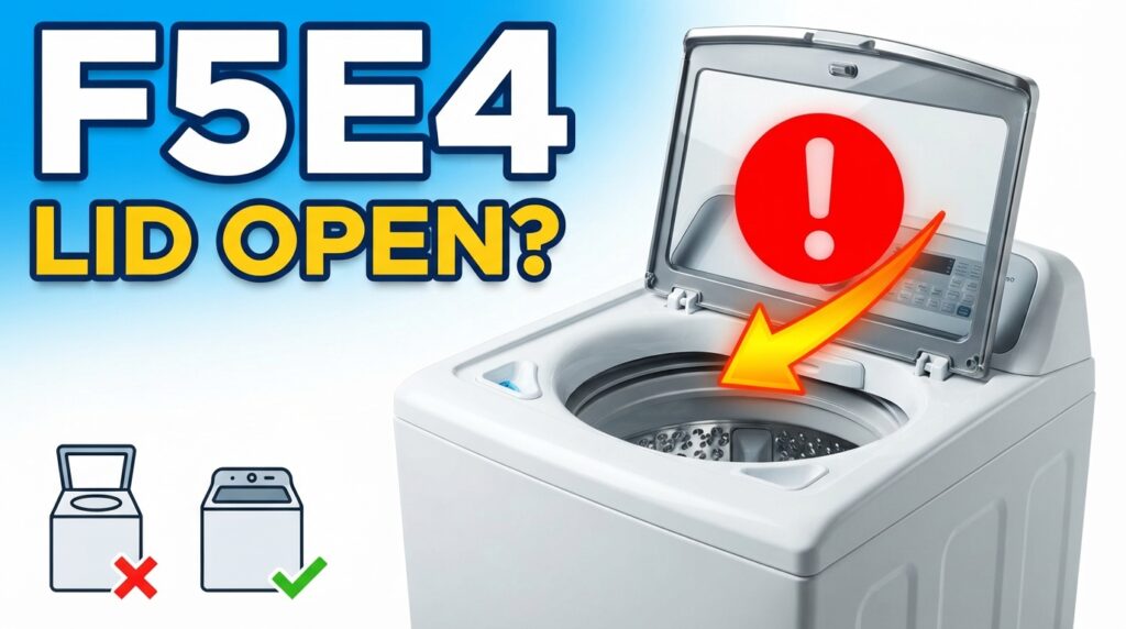 F5E4 Whirlpool washer error code showing an open lid and lid lock warning
