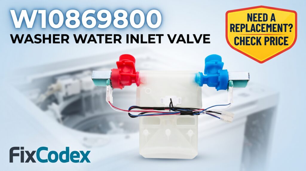 W10869800 Whirlpool washer water inlet valve, compatible with replacement part numbers 4455378, AP6039690, EAP11773194, PS11773194, W10776841, W11024486, AWP42480, and PD00033551.