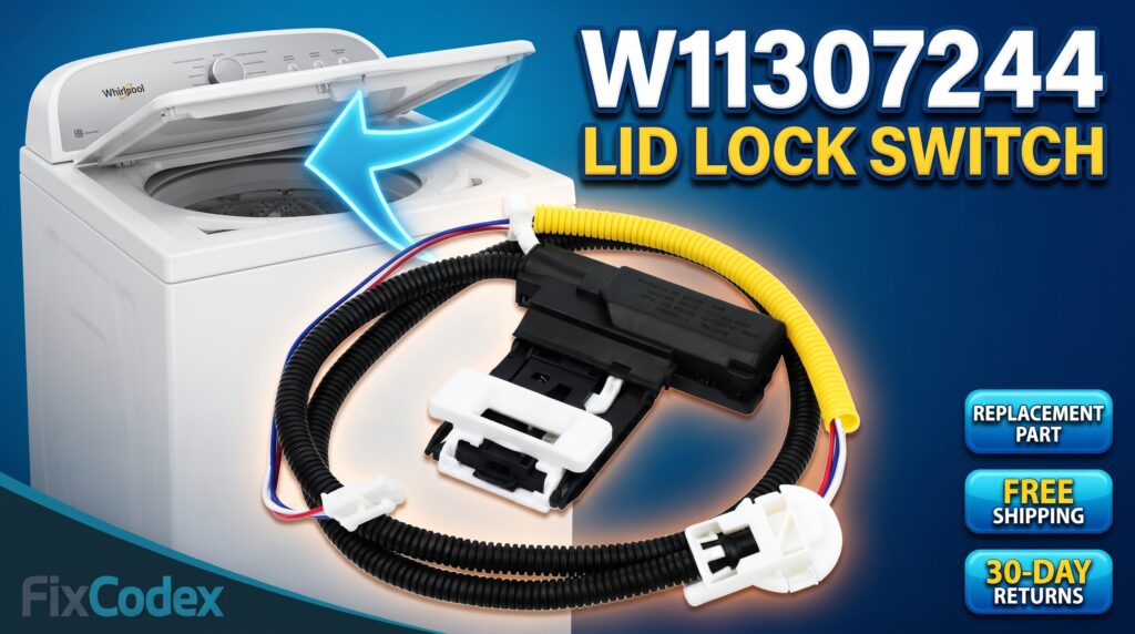 W11307244 Whirlpool washer lid lock switch replacement part with compatible lid lock part numbers W10648080, W10810403, and W11449840.