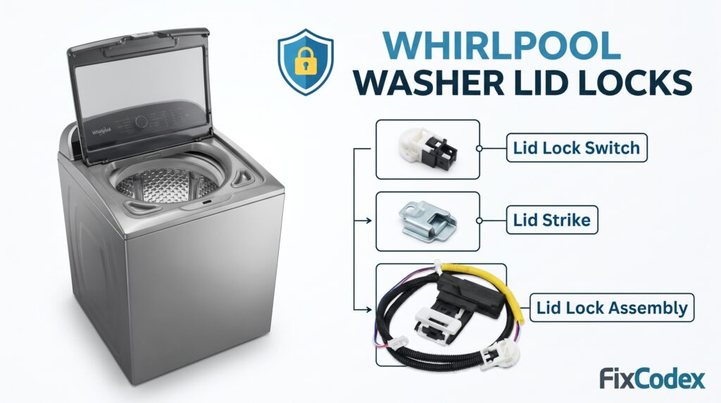 Whirlpool washer lid locks, including lid lock switch, lid strike, and lid lock assembly