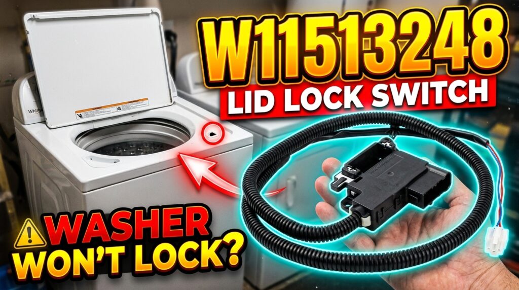 W11513248 Whirlpool washer lid lock switch compatible with WTW4105SW0, WTW5020SW0, WTW5010LW0, WTW5015LW0 and more