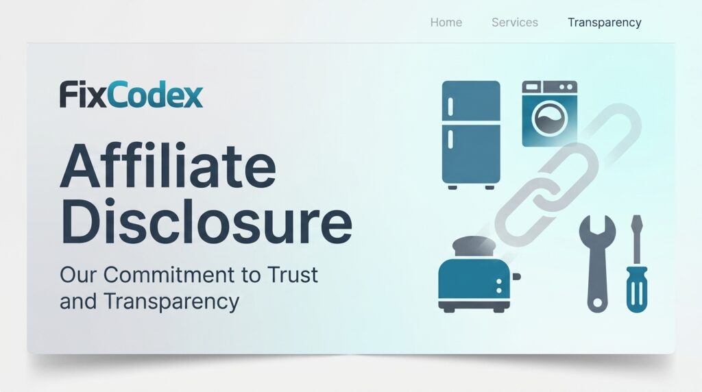 FixCodex affiliate disclosure page concept with home appliance error codes list and repair tools illustration