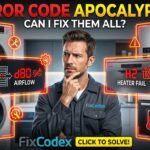 Multiple home appliances including washer, dryer, fridge, dishwasher, and oven showing error codes with technician in center