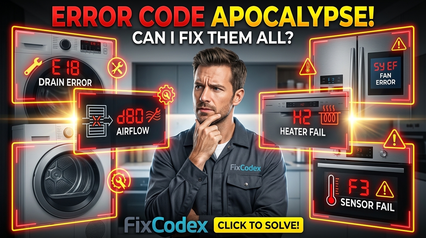 Multiple home appliances including washer, dryer, fridge, dishwasher, and oven showing error codes with technician in center
