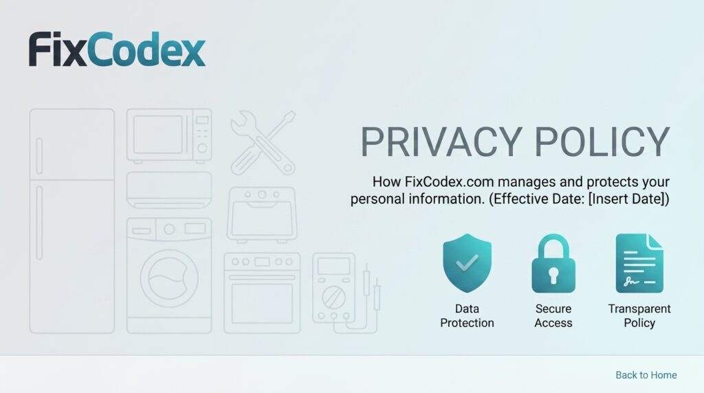 FixCodex privacy policy illustration showing secure data protection with shield, lock, and home appliance repair icons
