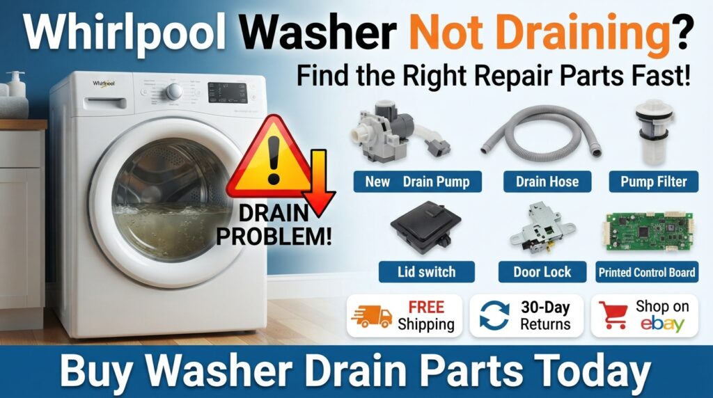 Whirlpool washer not draining repair parts including drain pump, hose, filter, lid switch, door lock, and control board available with free shipping and 30-day returns.