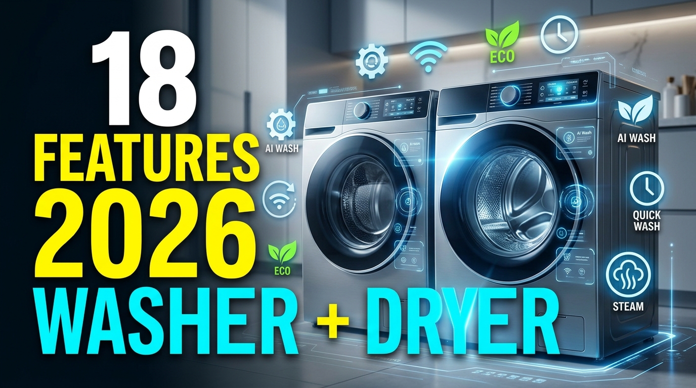 Futuristic washer and dryer with smart features highlighted for 2026 laundry technology guide