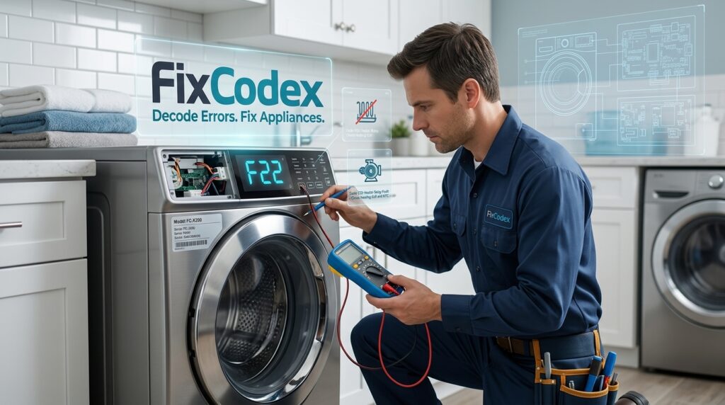 Technician diagnosing washer error codes on a front-load washing machine using professional diagnostic tools.