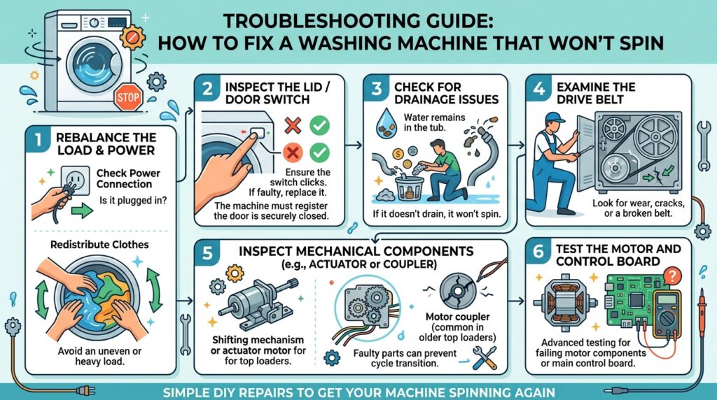 How to fix a washing machine that won’t spin due to lid lock, imbalance, belt, or motor issues