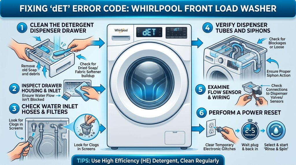 How to fix Whirlpool front load washer dET error code caused by a detergent cartridge or Load & Go system issue