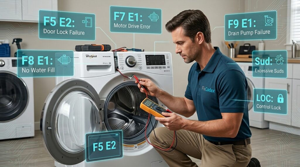 Technician diagnosing Whirlpool front load washer error codes on a washing machine control panel.