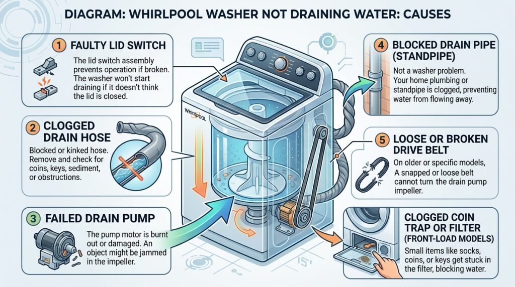 Whirlpool washer not draining water due to clogged drain pump, blocked hose, or filter obstruction
