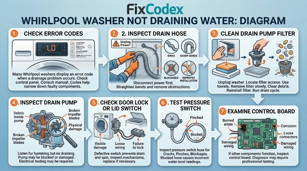 Step-by-step troubleshooting guide to fix Whirlpool washer not draining water caused by clogged pump, filter, or drain hose issues