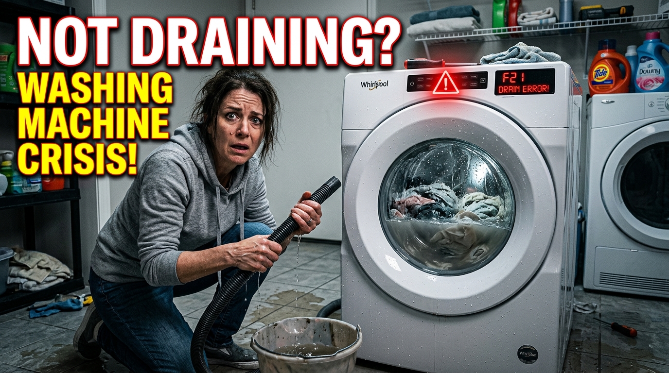 Whirlpool washing machine not draining water with standing water visible inside the drum.