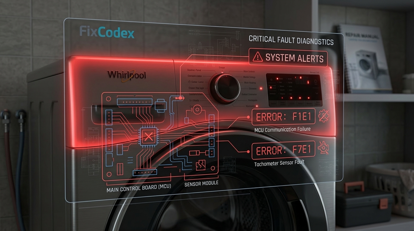 Whirlpool washer control board failure symptoms shown with error codes, unresponsive panel, and malfunction indicators