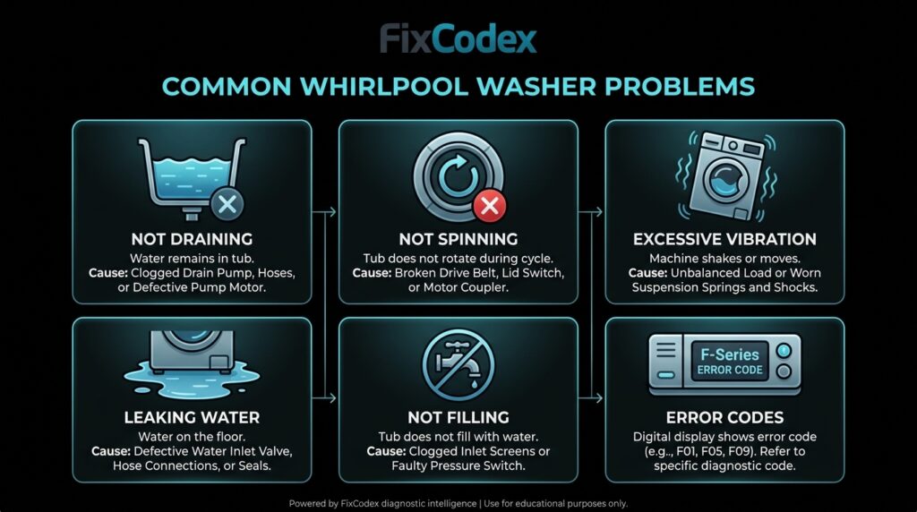 List of common Whirlpool washer faults and repair symptoms