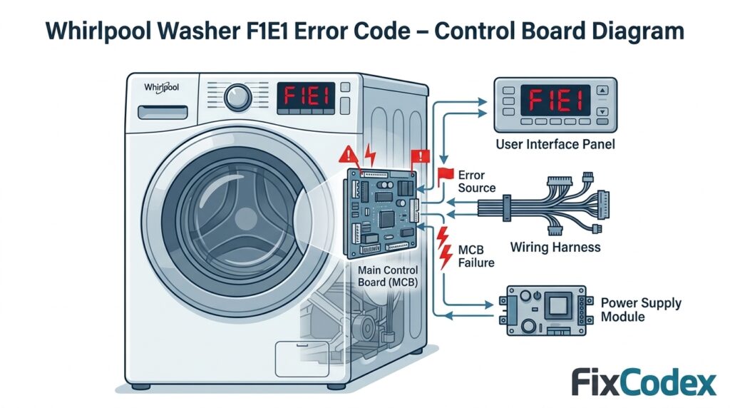 Whirlpool Washer F1E1 control board error diagram showing internal components including main control board, wiring connections, and electronic failure points.