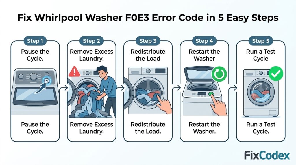 Step-by-step diagram showing how to fix the Whirlpool Washer F0E3 error code by reducing the load, redistributing laundry, restarting the washer, and running a test cycle.