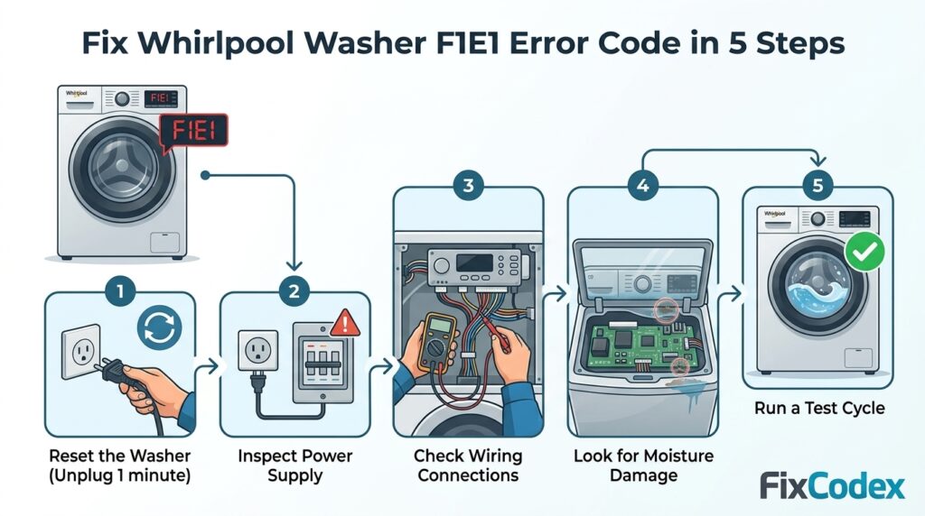 Whirlpool washer F1E1 error code troubleshooting diagram showing five steps including reset, power supply check, wiring inspection, moisture check, and test cycle.