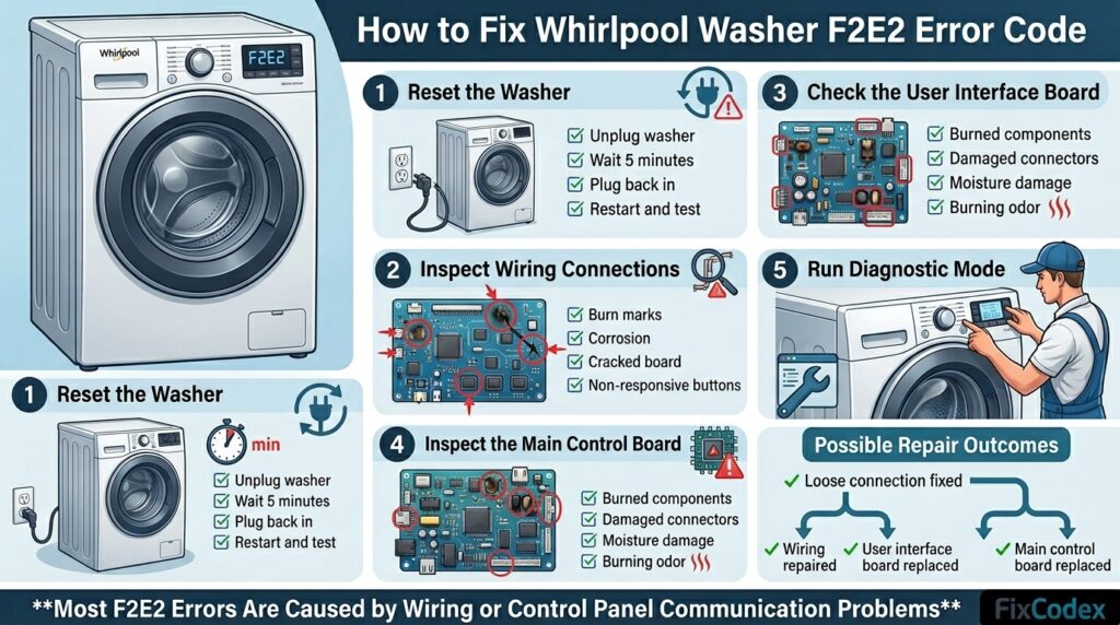 Infographic showing how to fix the Whirlpool Washer F2E2 Error Code, including resetting the washer, inspecting wiring connections, checking the user interface board, inspecting the main control board, and running diagnostic mode.