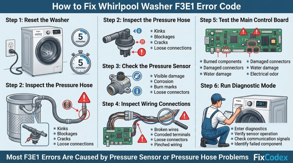 Step-by-step infographic showing how to fix the Whirlpool Washer F3E1 Error Code by checking the pressure hose, pressure sensor, wiring, control board, and diagnostic mode.