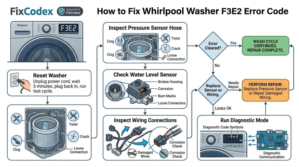 Troubleshooting flowchart showing how to fix a Whirlpool washer F3E2 error code by checking the pressure sensor hose, water level sensor, wiring, and diagnostic mode.