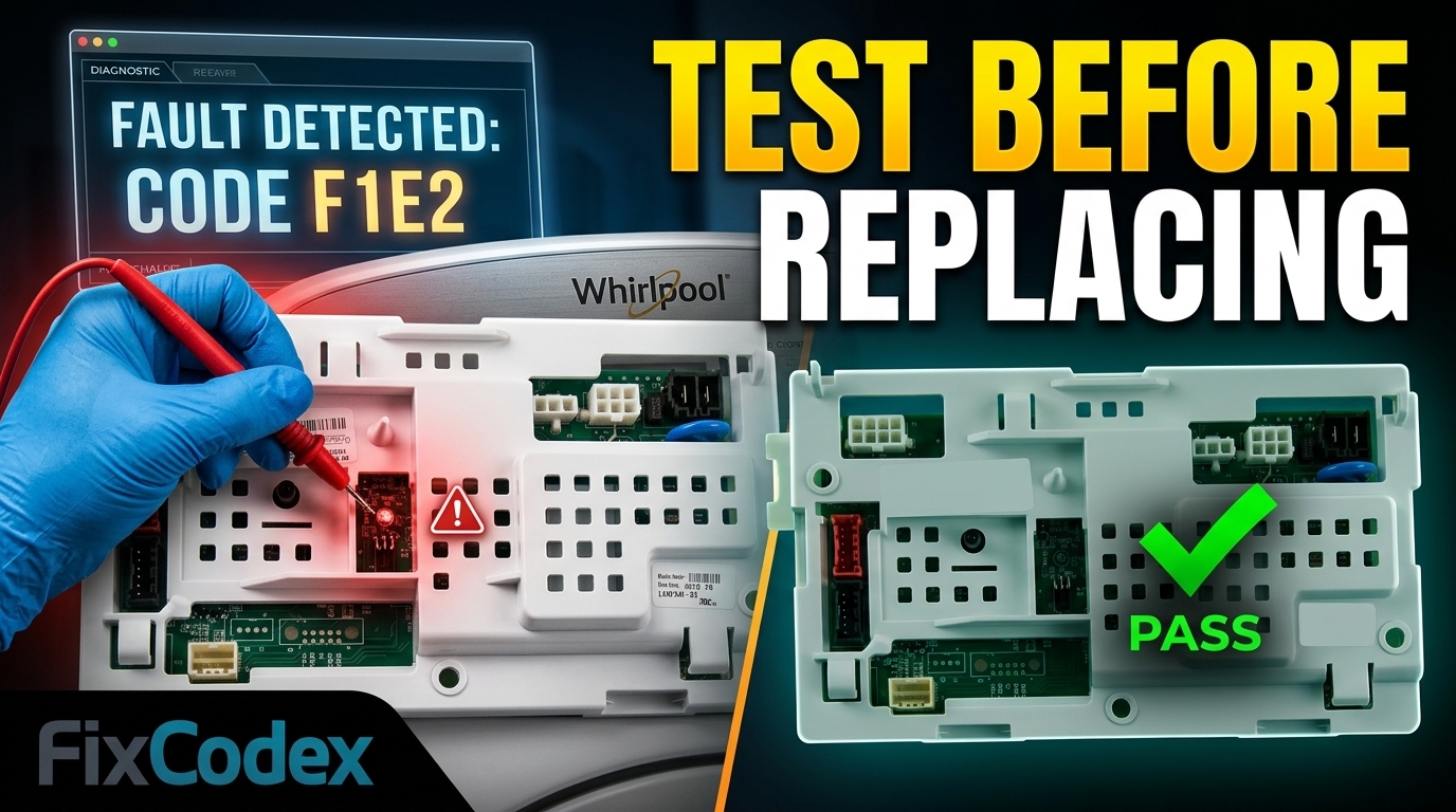 Technician testing Whirlpool W11603810 control board with multimeter to diagnose failure before replacement