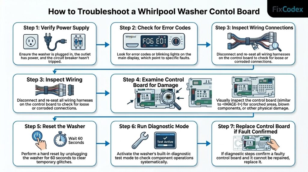 Step-by-step diagram showing how to troubleshoot a Whirlpool washer control board, including power checks, error codes, wiring inspection, and diagnostics.