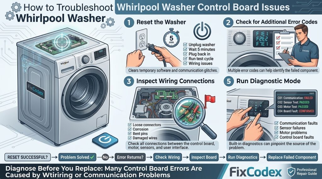 Step-by-step infographic showing how to troubleshoot Whirlpool washer control board issues by resetting the washer, checking error codes, inspecting wiring, examining the control board, and running diagnostic mode.