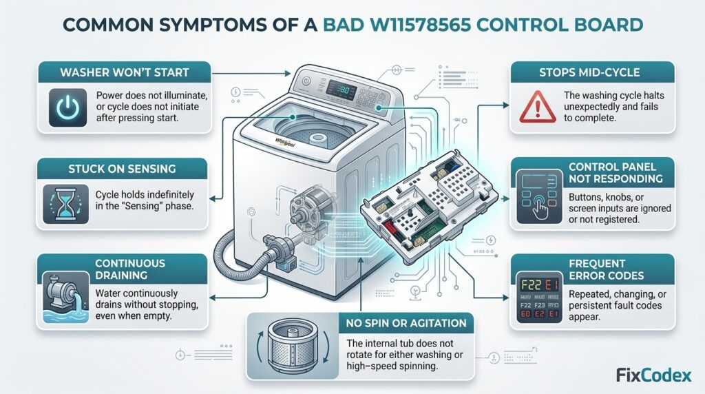 Alt Text:
Diagram showing seven common symptoms of a faulty W11578565 Whirlpool washer control board, including no start, sensing issues, continuous draining, and error codes.