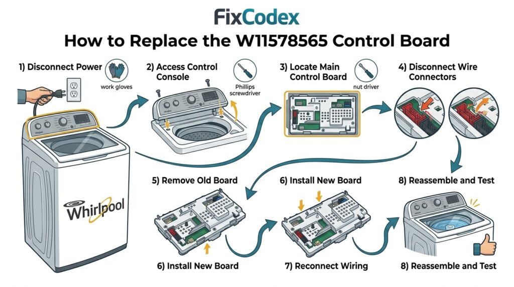 Step-by-step diagram showing how to replace a W11578565 Whirlpool washer control board, including power disconnection, board removal, installation, and testing.