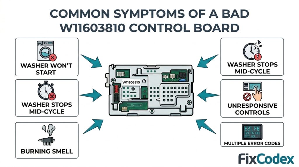 Diagram showing common symptoms of a bad W11603810 control board including washer not starting, mid-cycle stops, error codes, unresponsive controls, and burning smell