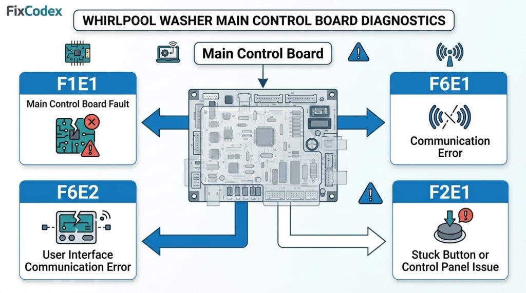 Diagram showing Whirlpool washer control board issues associated with F1E1, F6E1, F6E2, and F2E1 error codes.
